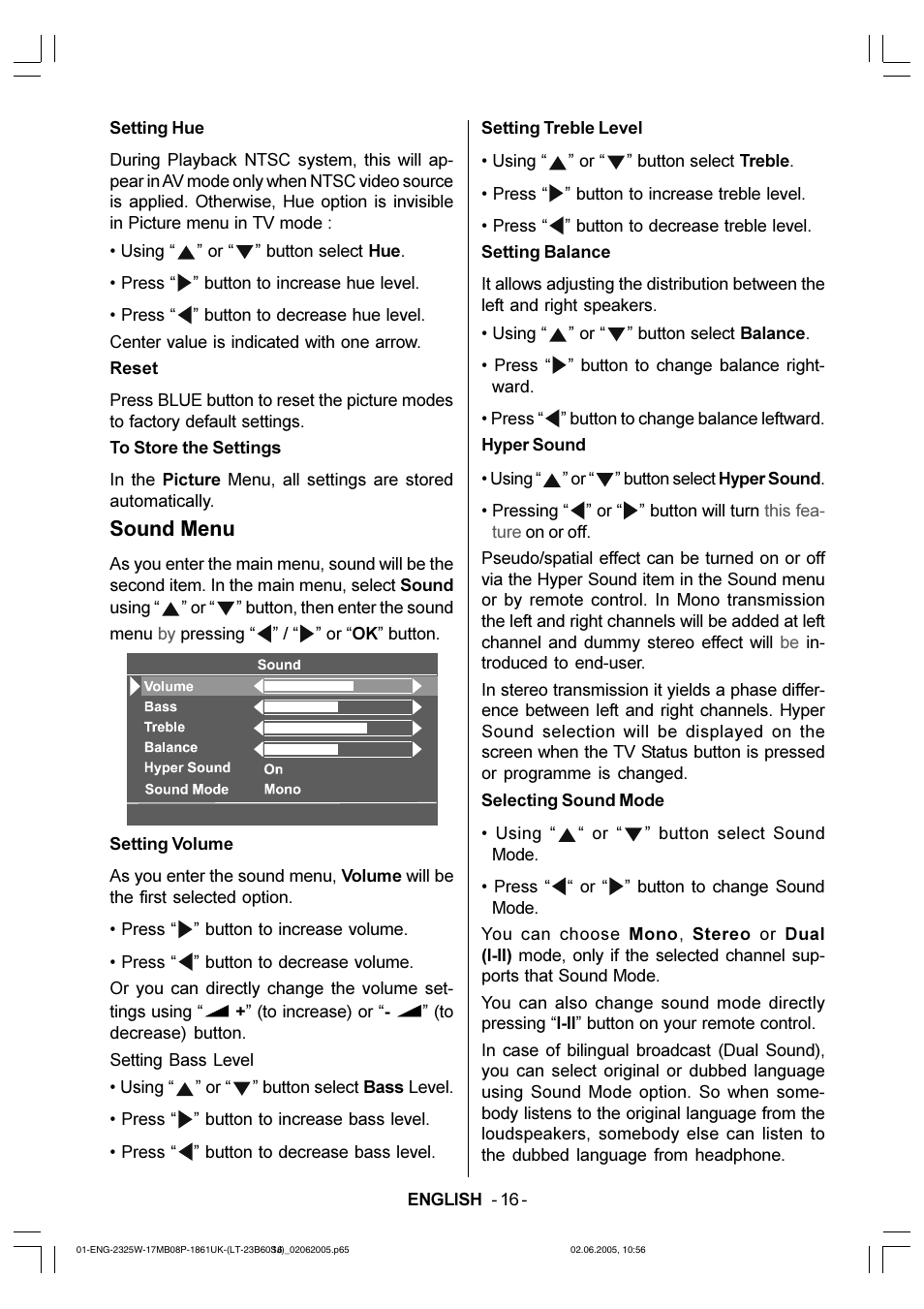 Sound menu | JVC Wide LCD Panel TV LT-23B60SJ User Manual | Page 17 / 34