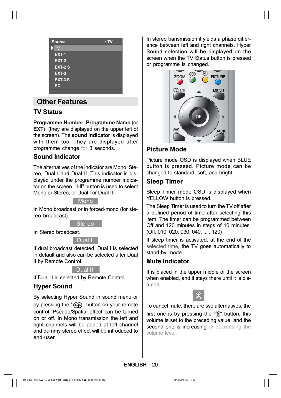 Other features, Tv status, Sound indicator | Hyper sound, Picture mode, Sleep timer, Mute indicator | JVC Wide LCD Panel TV LT-23B60SJ User Manual | Page 21 / 34