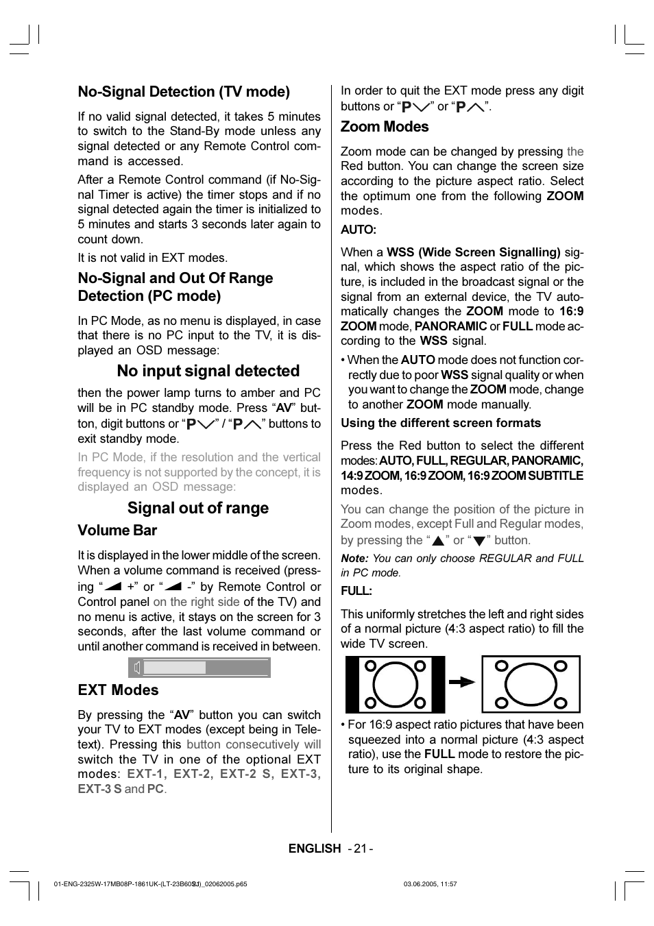 No input signal detected, Signal out of range, No-signal detection (tv mode) | No-signal and out of range detection (pc mode), Volume bar, Ext modes, Zoom modes | JVC Wide LCD Panel TV LT-23B60SJ User Manual | Page 22 / 34