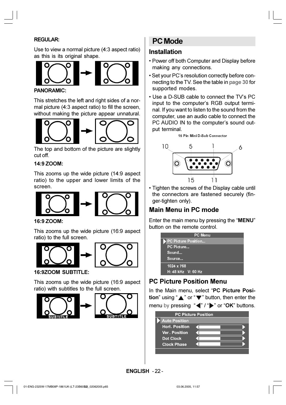 Pc mode, Installation, Main menu in pc mode | Pc picture position menu | JVC Wide LCD Panel TV LT-23B60SJ User Manual | Page 23 / 34