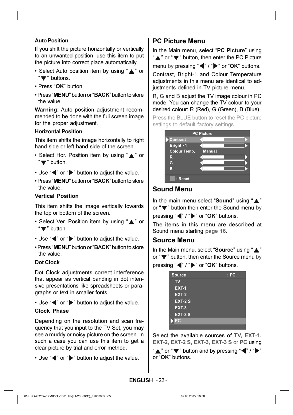 Pc picture menu, Sound menu, Source menu | JVC Wide LCD Panel TV LT-23B60SJ User Manual | Page 24 / 34