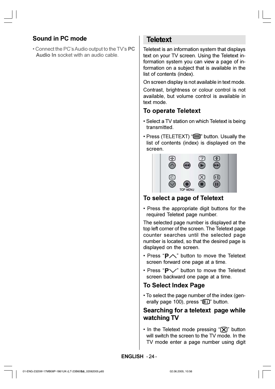 Teletext, Sound in pc mode, Searching for a teletext page while watching tv | JVC Wide LCD Panel TV LT-23B60SJ User Manual | Page 25 / 34