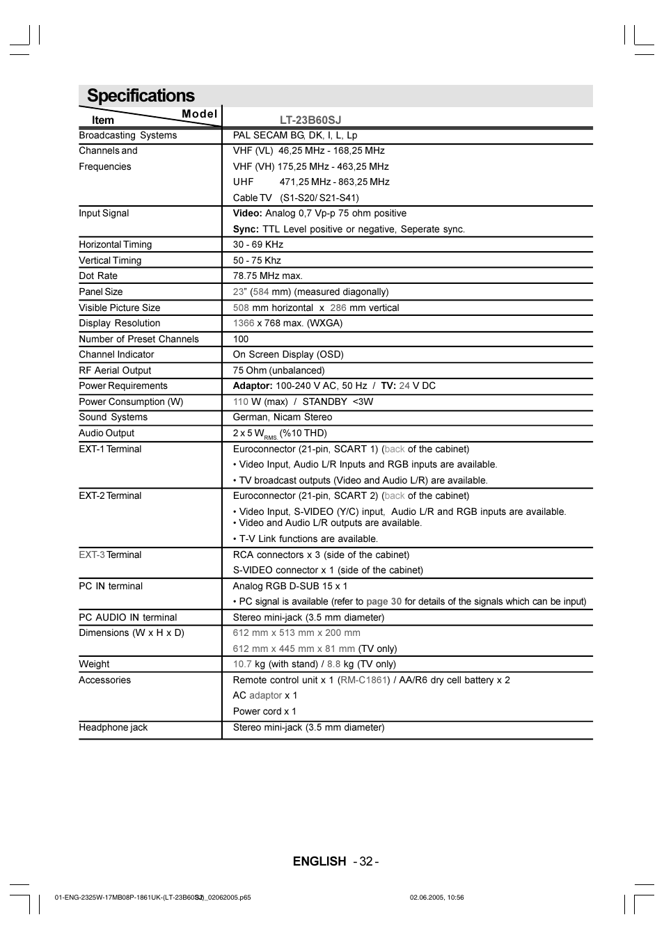 Specifications, English - 32 | JVC Wide LCD Panel TV LT-23B60SJ User Manual | Page 33 / 34