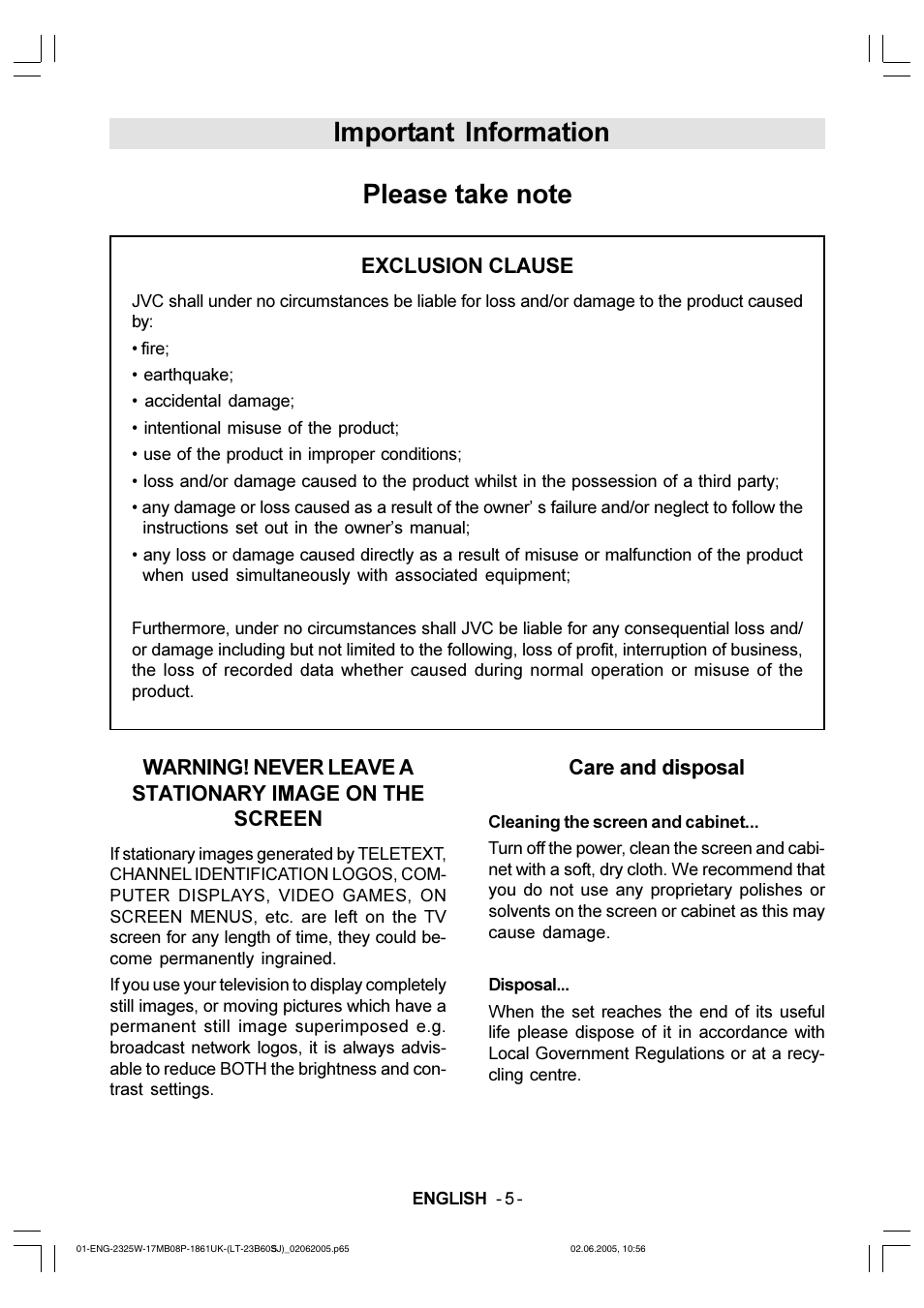 Exclusion clause, Care and disposal | JVC Wide LCD Panel TV LT-23B60SJ User Manual | Page 6 / 34