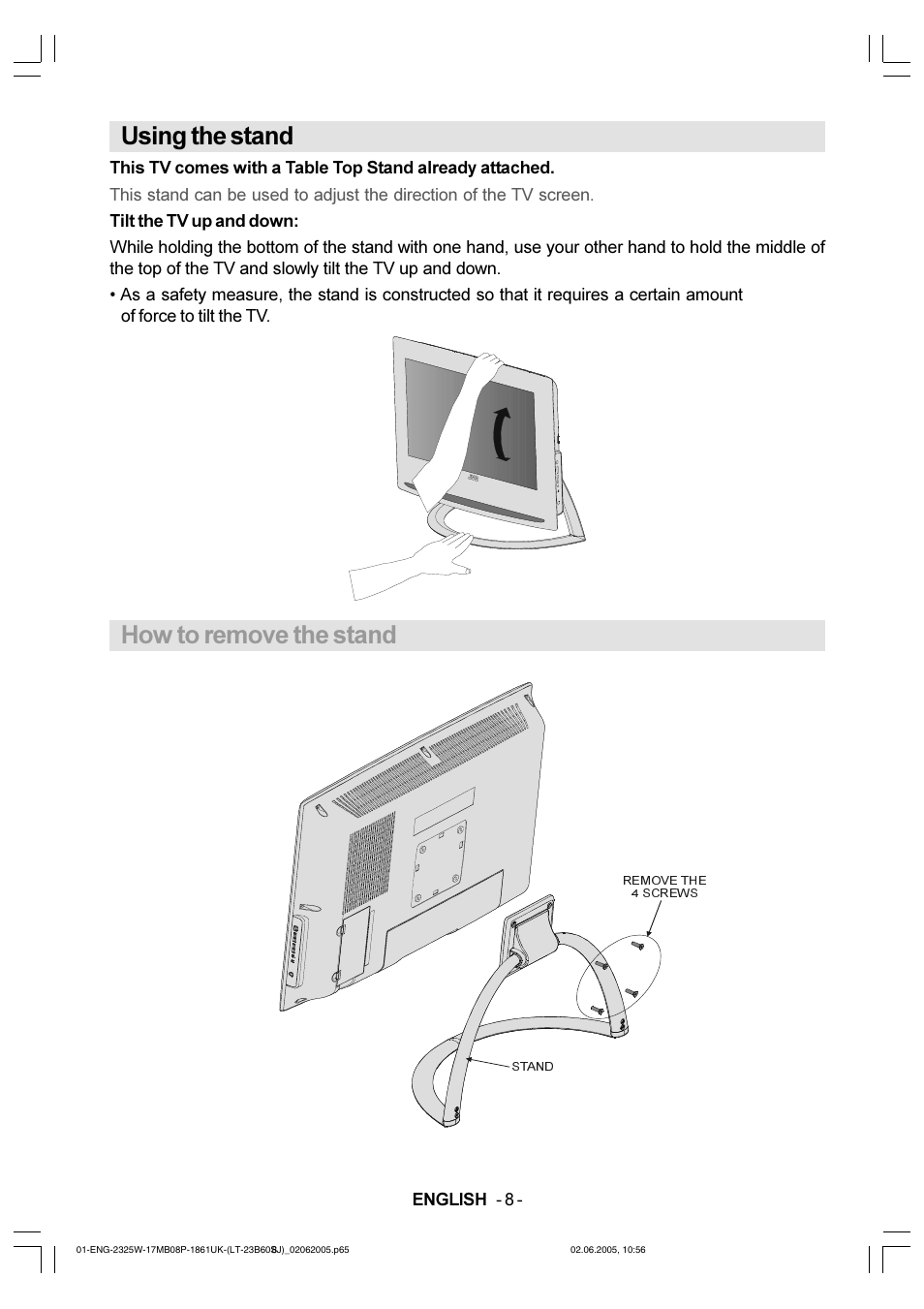 Using the stand, How to remove the stand | JVC Wide LCD Panel TV LT-23B60SJ User Manual | Page 9 / 34