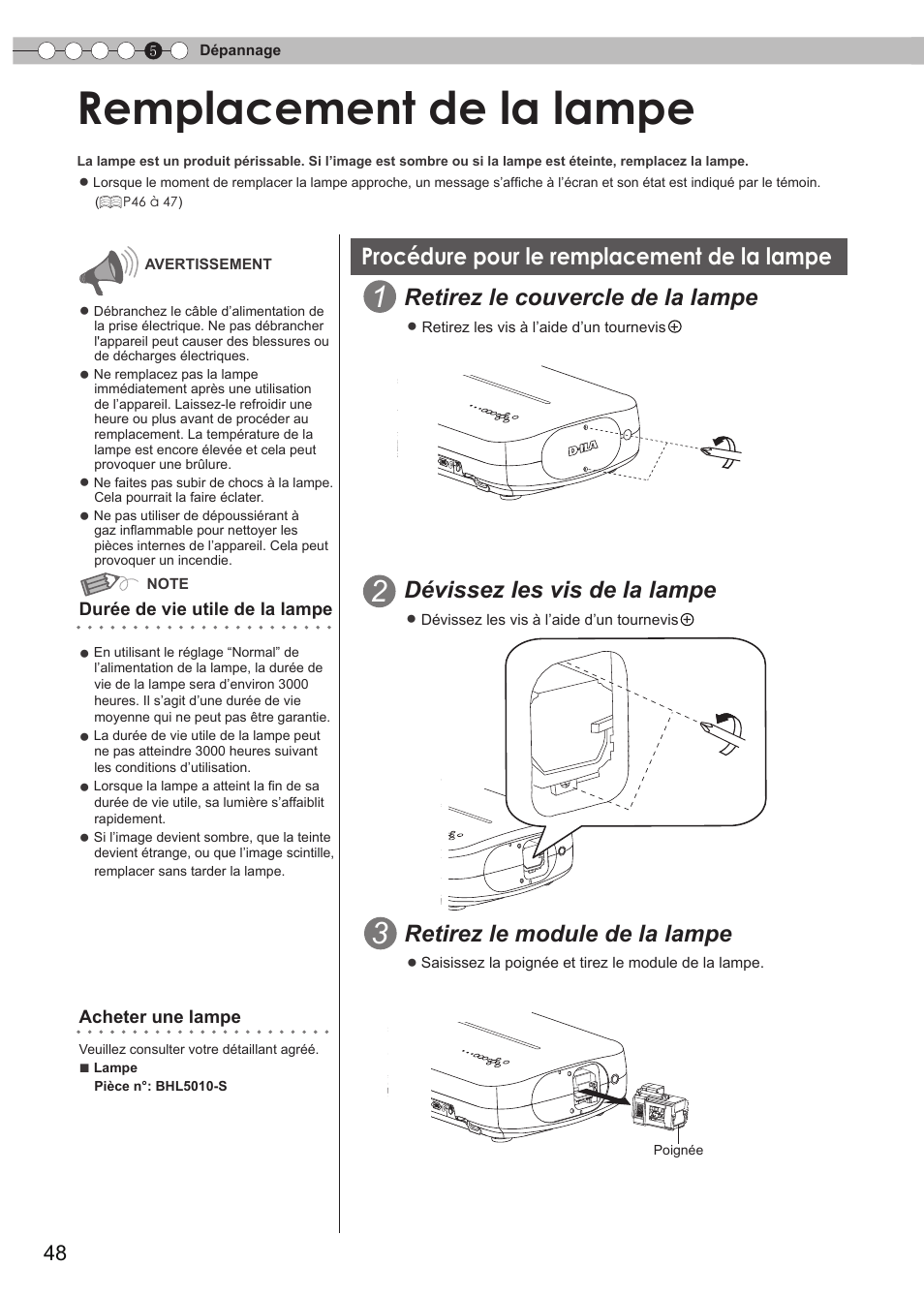 Remplacement de la lampe, Procédure pour le remplacement de la lampe, Procédure pour le remplacement de la | Lampe, Couvercle de la lampe, P48 à 50, Retirez le couvercle de la lampe, Dévissez les vis de la lampe, Retirez le module de la lampe | JVC DLA-RS15 User Manual | Page 108 / 181