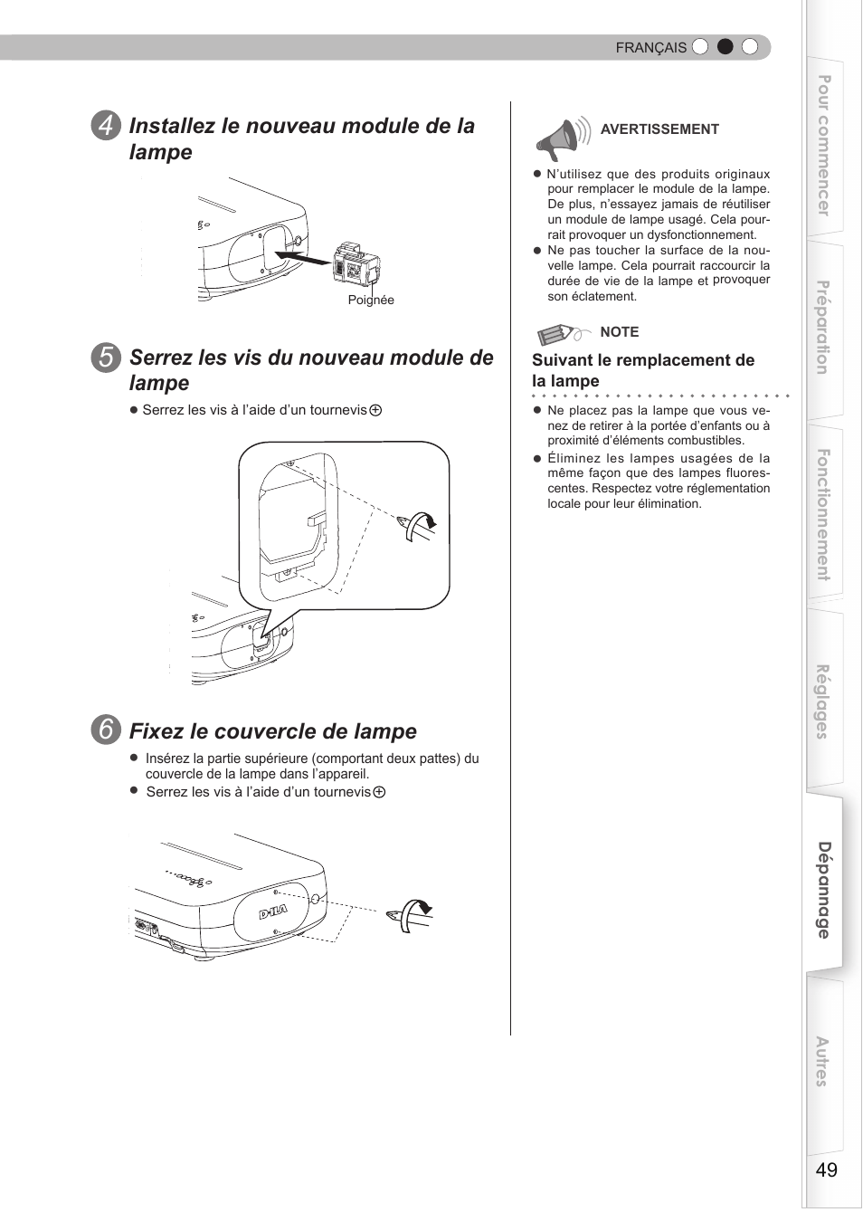 Installez le nouveau module de la lampe, Serrez les vis du nouveau module de lampe, Fixez le couvercle de lampe | JVC DLA-RS15 User Manual | Page 109 / 181