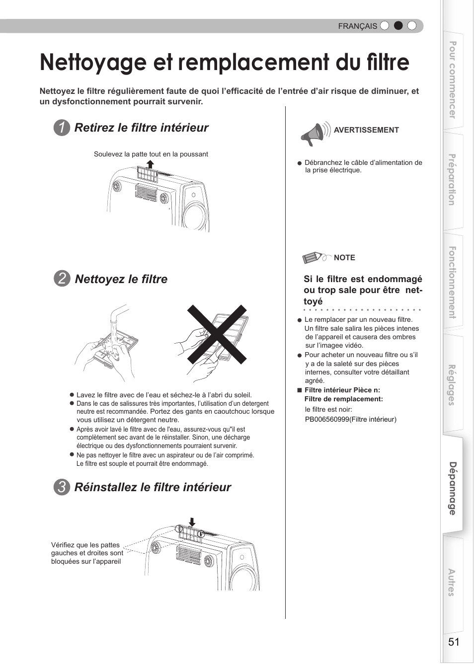 Nettoyage et remplacement du filtre, Filtre, Retirez le filtre intérieur | Réinstallez le filtre intérieur, Nettoyez le filtre | JVC DLA-RS15 User Manual | Page 111 / 181