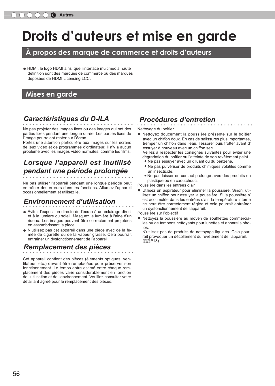 Droits d’auteurs et mise en garde, Mises en garde, Droits d'auteur et mise en garde | A propos des marque de commerce, Et droits d'auteurs | JVC DLA-RS15 User Manual | Page 116 / 181