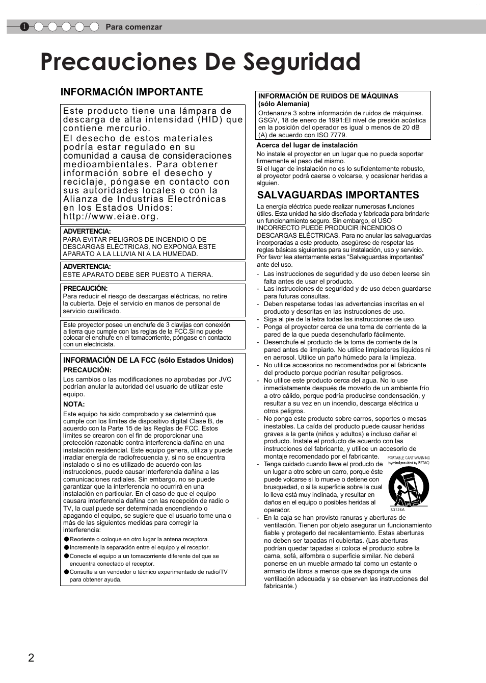 Para comenzar, Precauciones de seguridad, Salvaguardas importantes | Información importante | JVC DLA-RS15 User Manual | Page 122 / 181