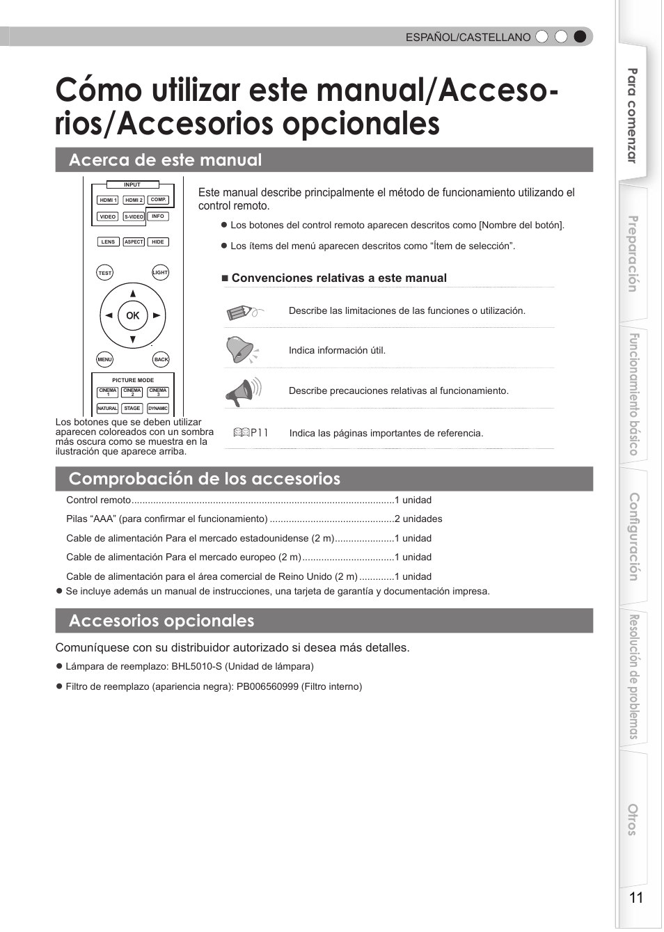 Acerca de este manual, Comprobación de los accesorios, Accesorios opcionales | Cómo utilizar este manual/acceso, Rios/accesorios opcionales | JVC DLA-RS15 User Manual | Page 131 / 181