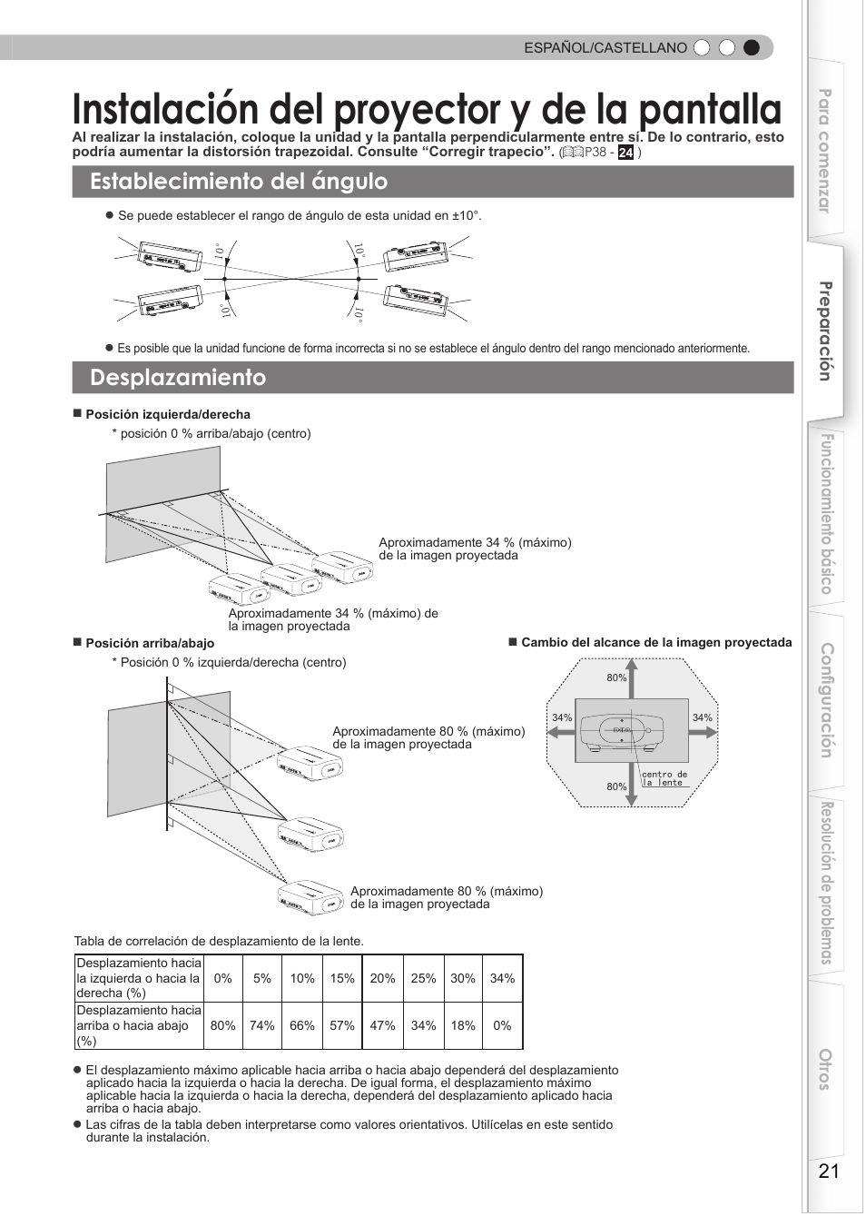 Instalación del proyector y de la pantalla, Establecimiento del ángulo, Desplazamiento | Instalación del proyector y de la, Pantalla | JVC DLA-RS15 User Manual | Page 141 / 181