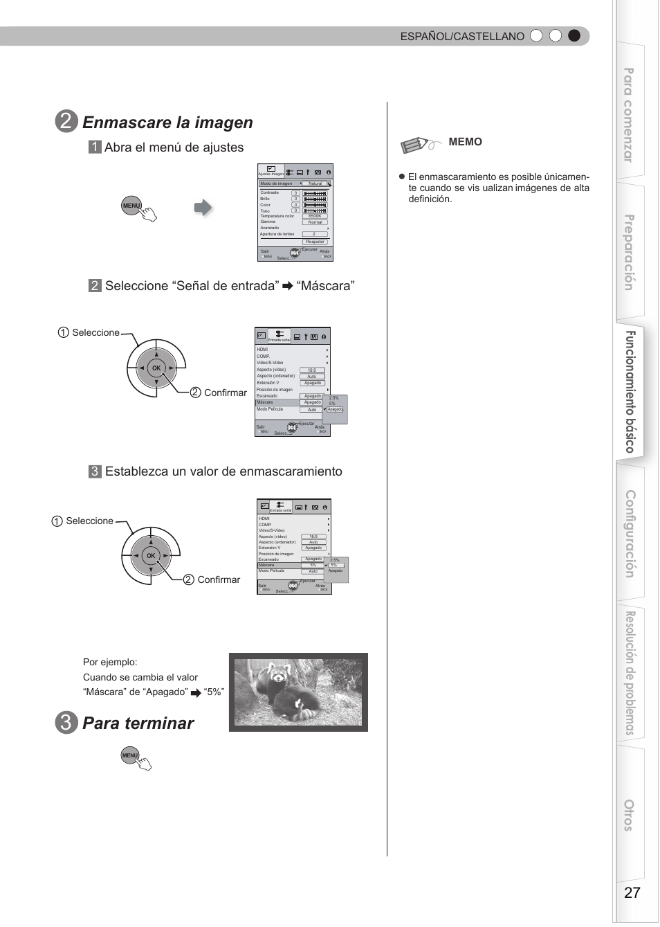 Enmascare la imagen, Para terminar, Máscara | 3establezca un valor de enmascaramiento, Español/castellano | JVC DLA-RS15 User Manual | Page 147 / 181