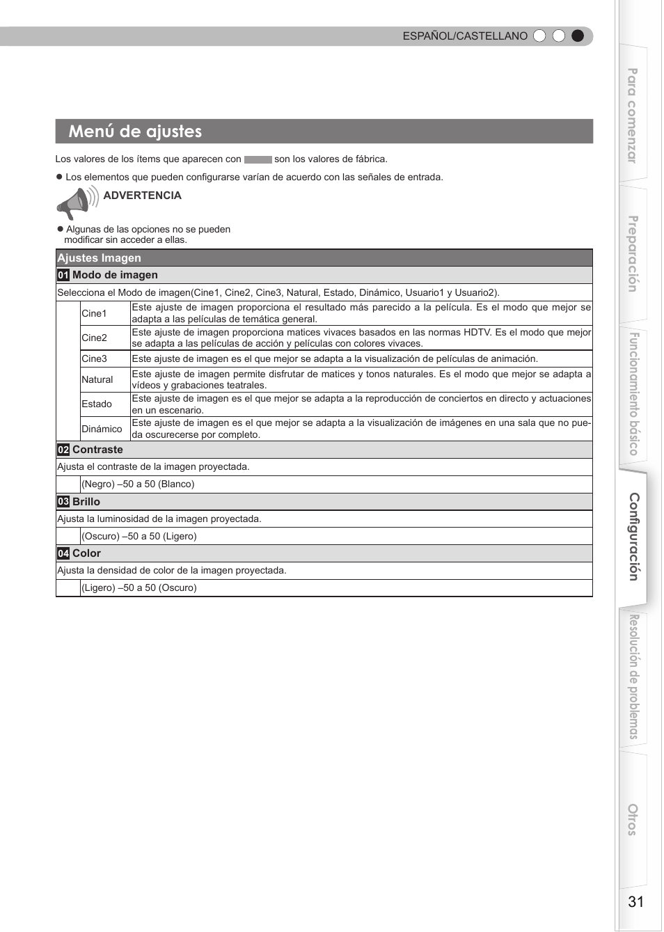 Menú de ajustes | JVC DLA-RS15 User Manual | Page 151 / 181