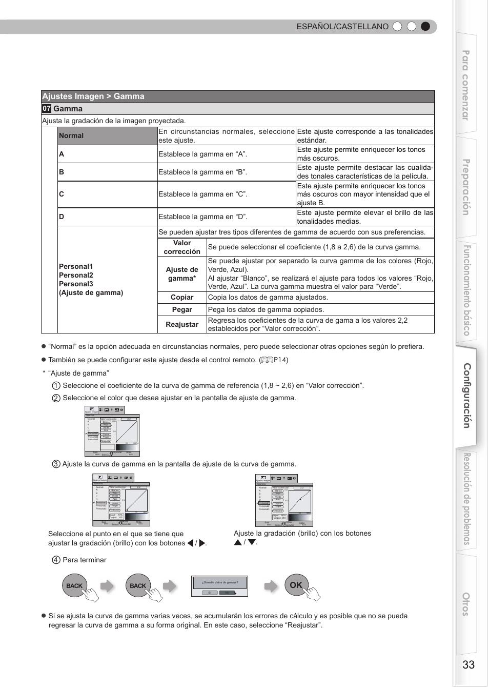 Ajustes imagen > gamma, Español/castellano, Gamma | JVC DLA-RS15 User Manual | Page 153 / 181