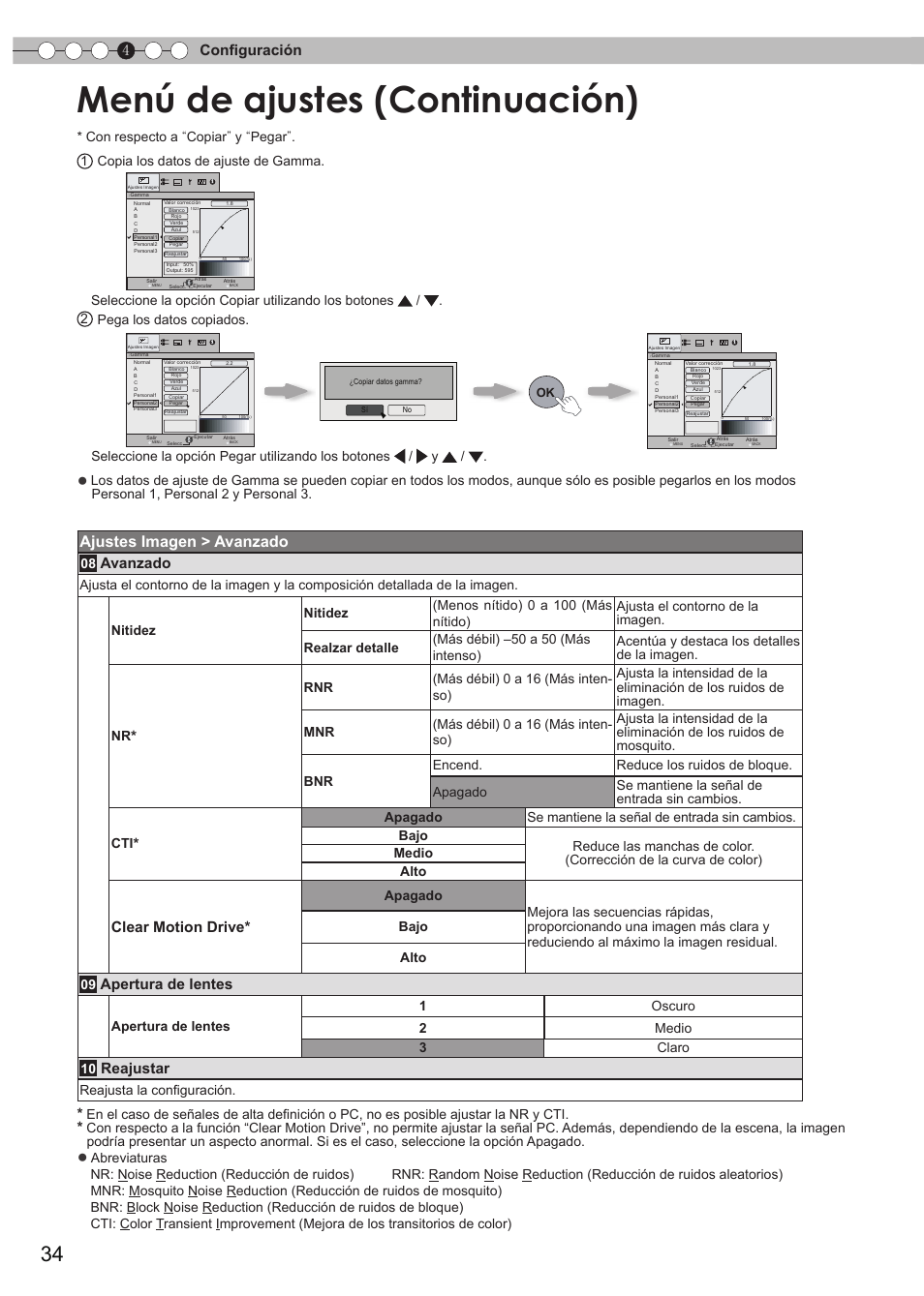 Menú de ajustes (continuación), Ajustes imagen > avanzado, 4configuración | Avanzado, Clear motion drive, Apertura de lentes, Reajustar, Reajusta la configuración | JVC DLA-RS15 User Manual | Page 154 / 181