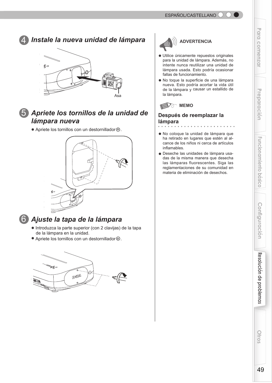 Instale la nueva unidad de lámpara, Ajuste la tapa de la lámpara | JVC DLA-RS15 User Manual | Page 169 / 181