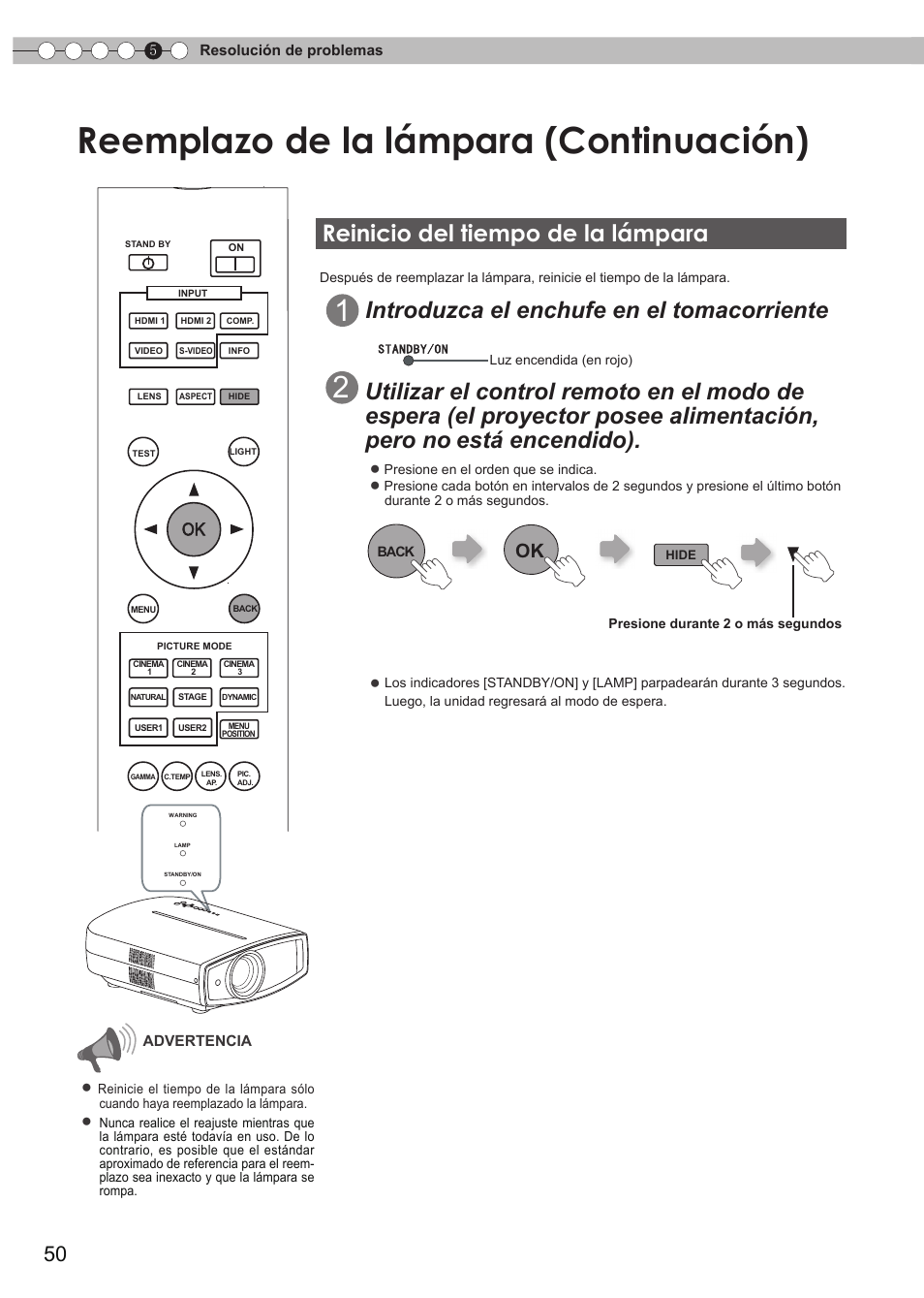 Reinicio del tiempo de la lámpara, Reemplazo de la lámpara (continuación), Introduzca el enchufe en el tomacorriente | JVC DLA-RS15 User Manual | Page 170 / 181