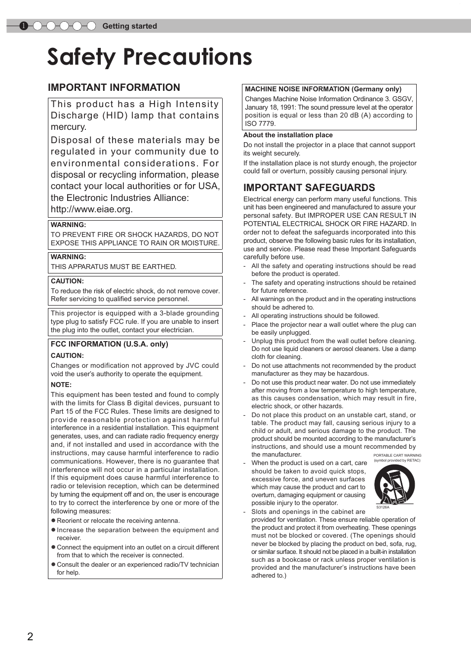 Getting started, Safety precautions, Important information | Important safeguards | JVC DLA-RS15 User Manual | Page 2 / 181