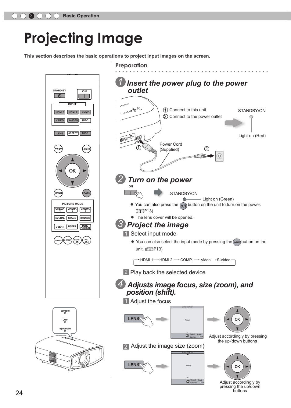 Basic operation, Projecting image, O connect the power cord | O control lens, O select input mode, Insert the power plug to the power outlet, Turn on the power, Project the image, Preparation, 1 select input mode | JVC DLA-RS15 User Manual | Page 24 / 181