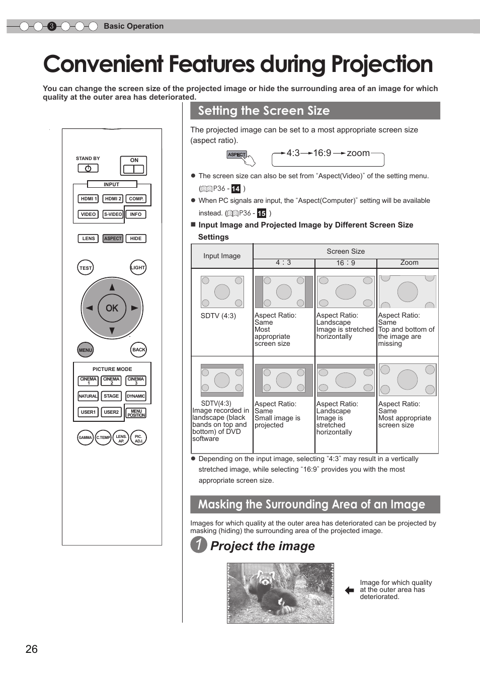 Convenient features during projection, Setting the screen size, Masking the surrounding area of an image | O set the screen size, Project the image, 3 16:9 zoom | JVC DLA-RS15 User Manual | Page 26 / 181