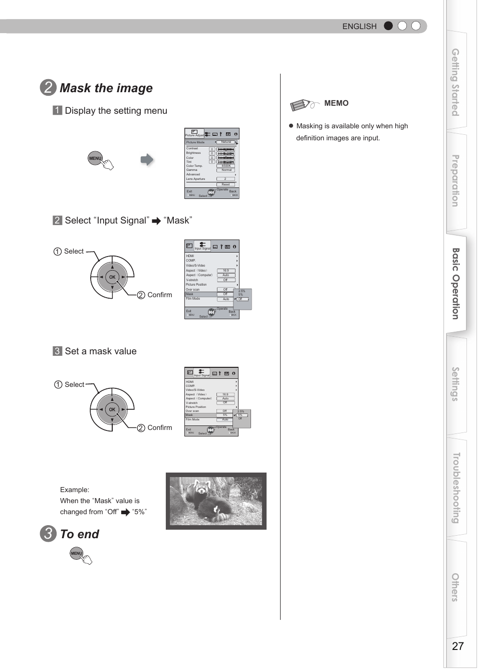 Mask the image, 1 display the setting menu 2 select “input signal, Mask | 3 set a mask value, English, 1 select 2 confirm 1 select 2 confirm | JVC DLA-RS15 User Manual | Page 27 / 181