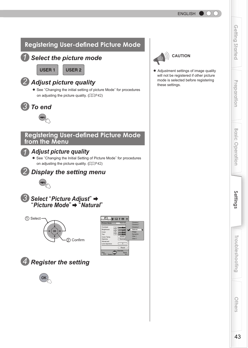 Registering user-defined picture mode, Select the picture mode, Adjust picture quality | Display the setting menu, Register the setting | JVC DLA-RS15 User Manual | Page 43 / 181