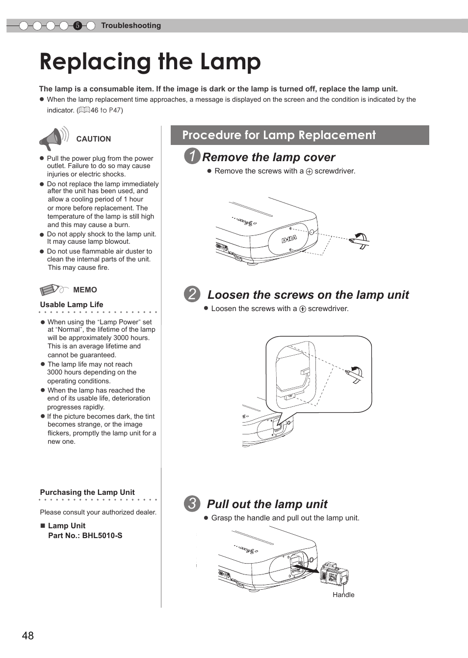 Replacing the lamp, Procedure for lamp replacement, Lamp cover | P48 to 50, Remove the lamp cover, Loosen the screws on the lamp unit, Pull out the lamp unit | JVC DLA-RS15 User Manual | Page 48 / 181