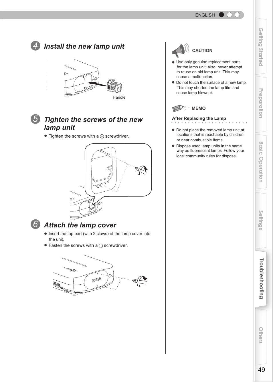 Install the new lamp unit, Tighten the screws of the new lamp unit, Attach the lamp cover | JVC DLA-RS15 User Manual | Page 49 / 181