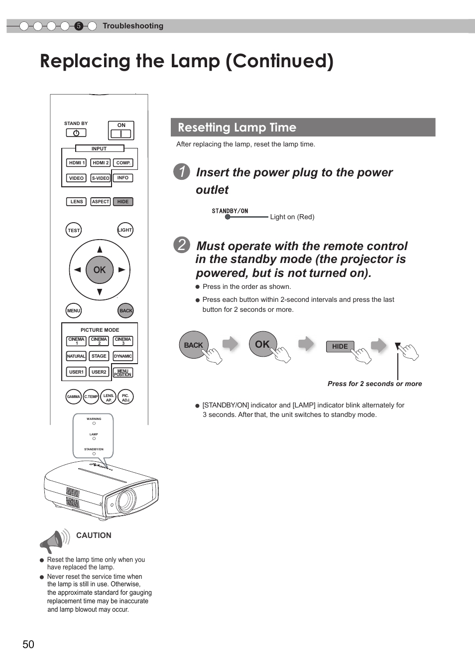 Resetting lamp time, Replacing the lamp (continued), Insert the power plug to the power outlet | JVC DLA-RS15 User Manual | Page 50 / 181