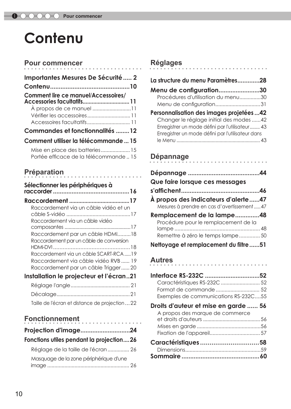 Contenu, Pour commencer, Préparation | Fonctionnement, Réglages, Dépannage, Autres | JVC DLA-RS15 User Manual | Page 70 / 181