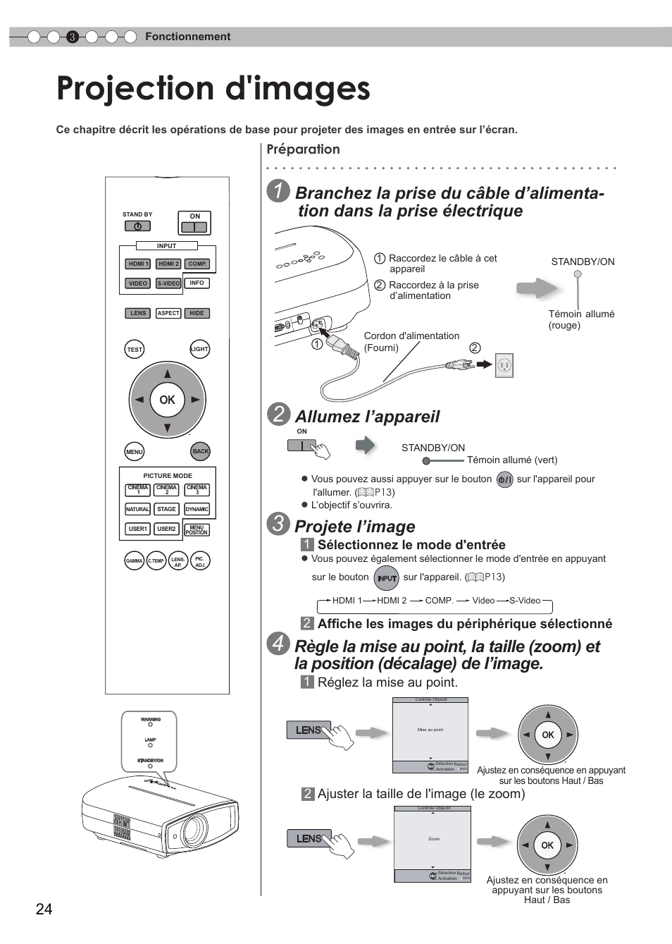 Fonctionnement, Projection d'images, Projection d'image | Pour changer d'entrée, Pour contrôler l'objectif, Allumez l’appareil, Projete l’image, 2affiche les images du périphérique sélectionné, 1réglez la mise au point, 1sélectionnez le mode d'entrée préparation | JVC DLA-RS15 User Manual | Page 84 / 181