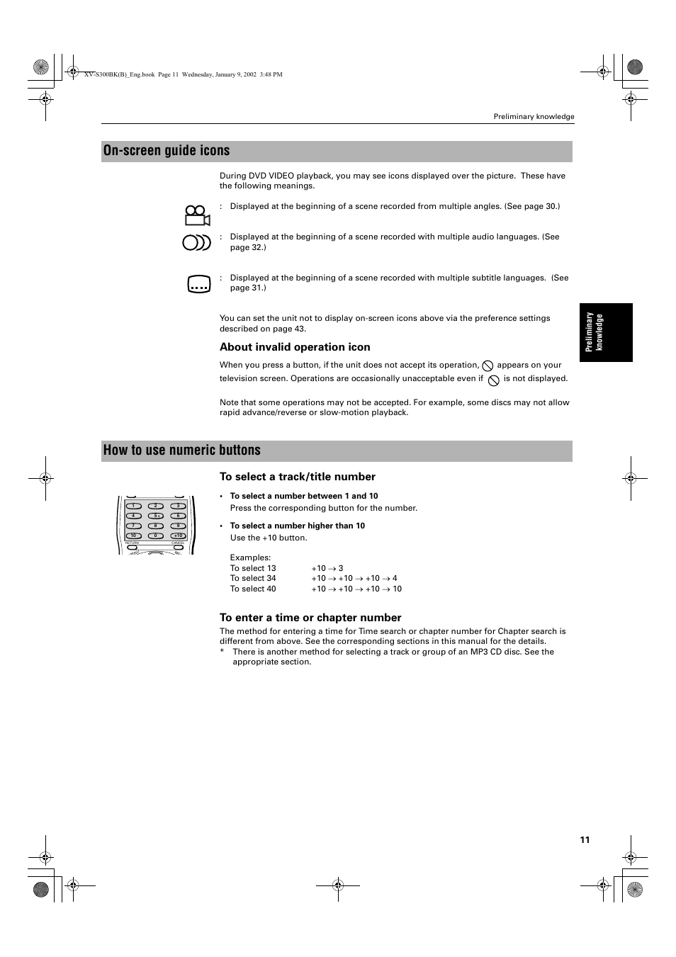 On-screen guide icons, How to use numeric buttons, About invalid operation icon | JVC XV-S300BK User Manual | Page 13 / 54