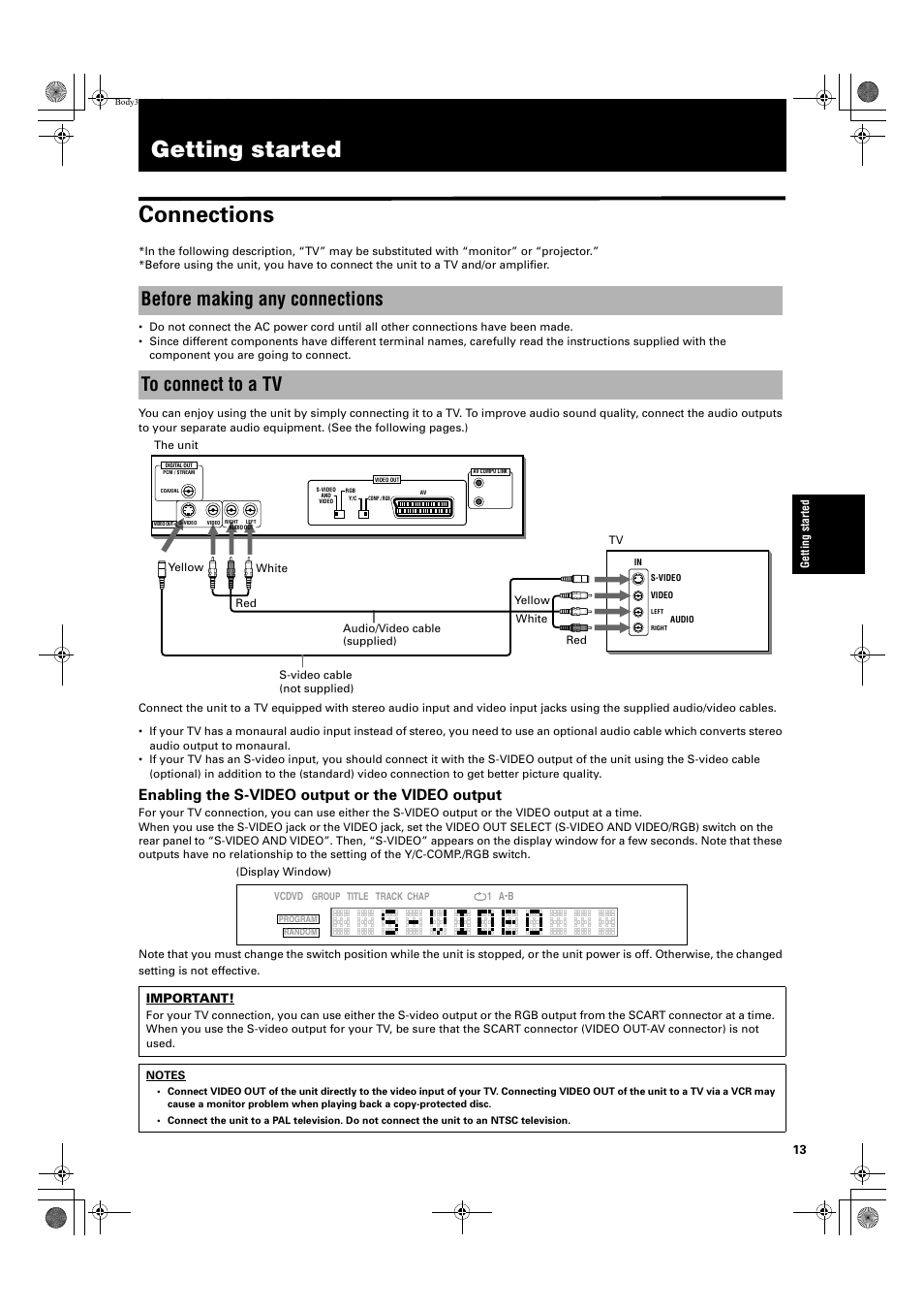 Getting started connections, Before making any connections to connect to a tv, Enabling the s-video output or the video output | JVC XV-S300BK User Manual | Page 15 / 54
