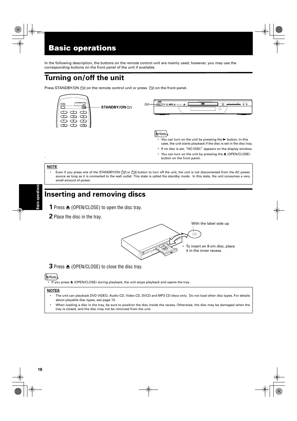 Basic operations, Turning on/off the unit, Inserting and removing discs | Press 0 (open/close) to open the disc tray, Place the disc in the tray, Press 0 (open/close) to close the disc tray | JVC XV-S300BK User Manual | Page 20 / 54