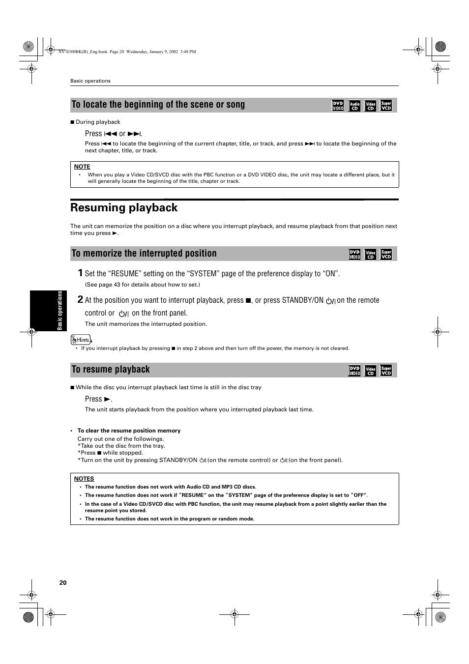 Resuming playback | JVC XV-S300BK User Manual | Page 22 / 54