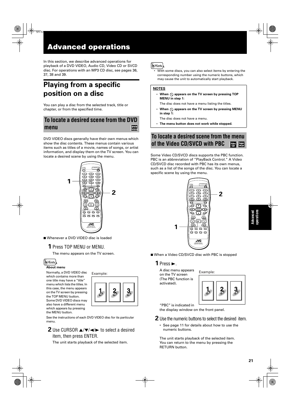 Advanced operations, Playing from a specific position on a disc, Press top menu or menu | Press 3, Use the numeric buttons to select the desired item, Advance d operations, The menu appears on the tv screen, The unit starts playback of the selected item, Example | JVC XV-S300BK User Manual | Page 23 / 54