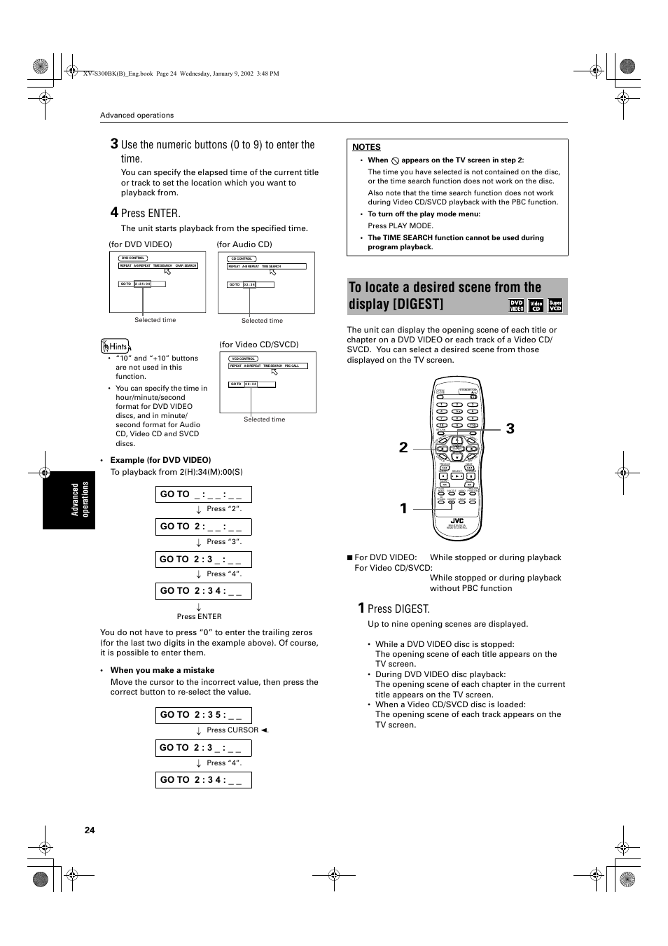 Use the numeric buttons (0 to 9) to enter the time, Press enter, Press digest | JVC XV-S300BK User Manual | Page 26 / 54