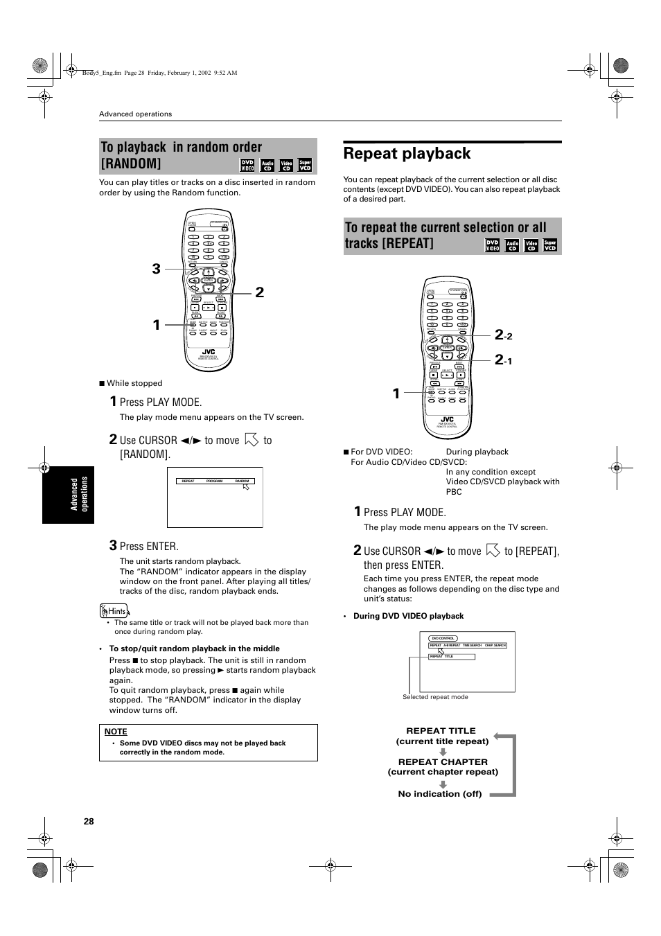 Repeat playback, Press play mode, Use cursor 2/3 to move to [random | Press enter, The play mode menu appears on the tv screen | JVC XV-S300BK User Manual | Page 30 / 54