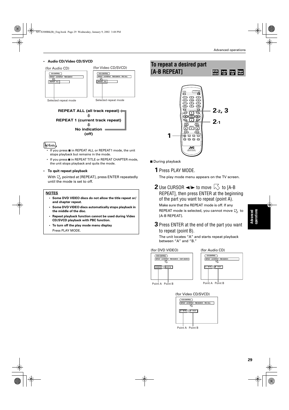 Press play mode, Advance d operations • audio cd/video cd/svcd, The play mode menu appears on the tv screen | For audio cd), For video cd/svcd), For dvd video) (for audio cd) (for video cd/svcd) | JVC XV-S300BK User Manual | Page 31 / 54