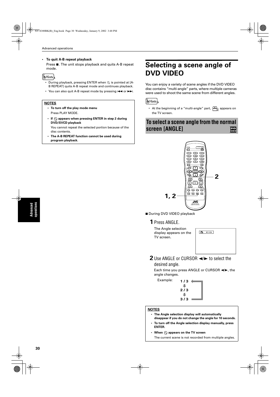 Selecting a scene angle of dvd video, Press angle | JVC XV-S300BK User Manual | Page 32 / 54