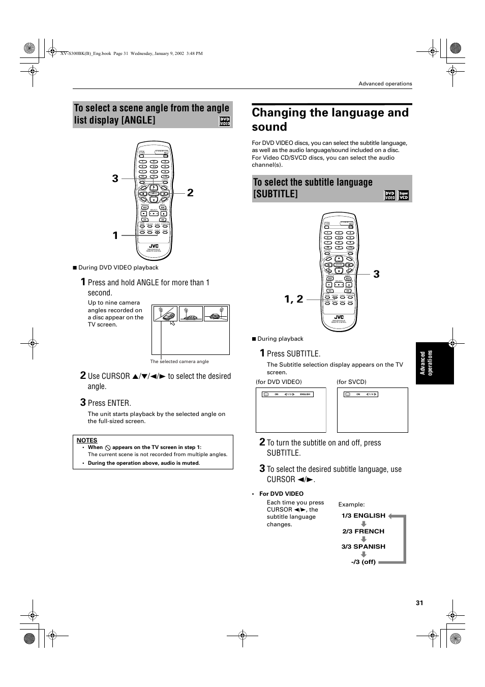 Changing the language and sound, Press and hold angle for more than 1 second, Use cursor 5/∞/2/3 to select the desired angle | Press enter, Press subtitle, Advance d operations 7 during dvd video playback | JVC XV-S300BK User Manual | Page 33 / 54