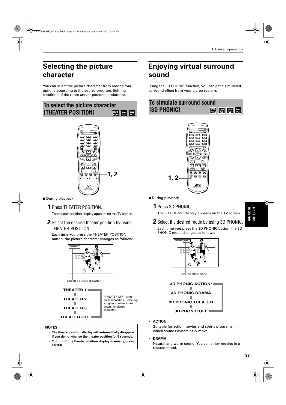 Selecting the picture character, Enjoying virtual surround sound, Press theater position | Press 3d phonic, Select the desired mode by using 3d phonic, Advance d operations, The 3d phonic display appears on the tv screen, Theater 1 theater 2 theater 3 theater off, Advanced operations | JVC XV-S300BK User Manual | Page 35 / 54