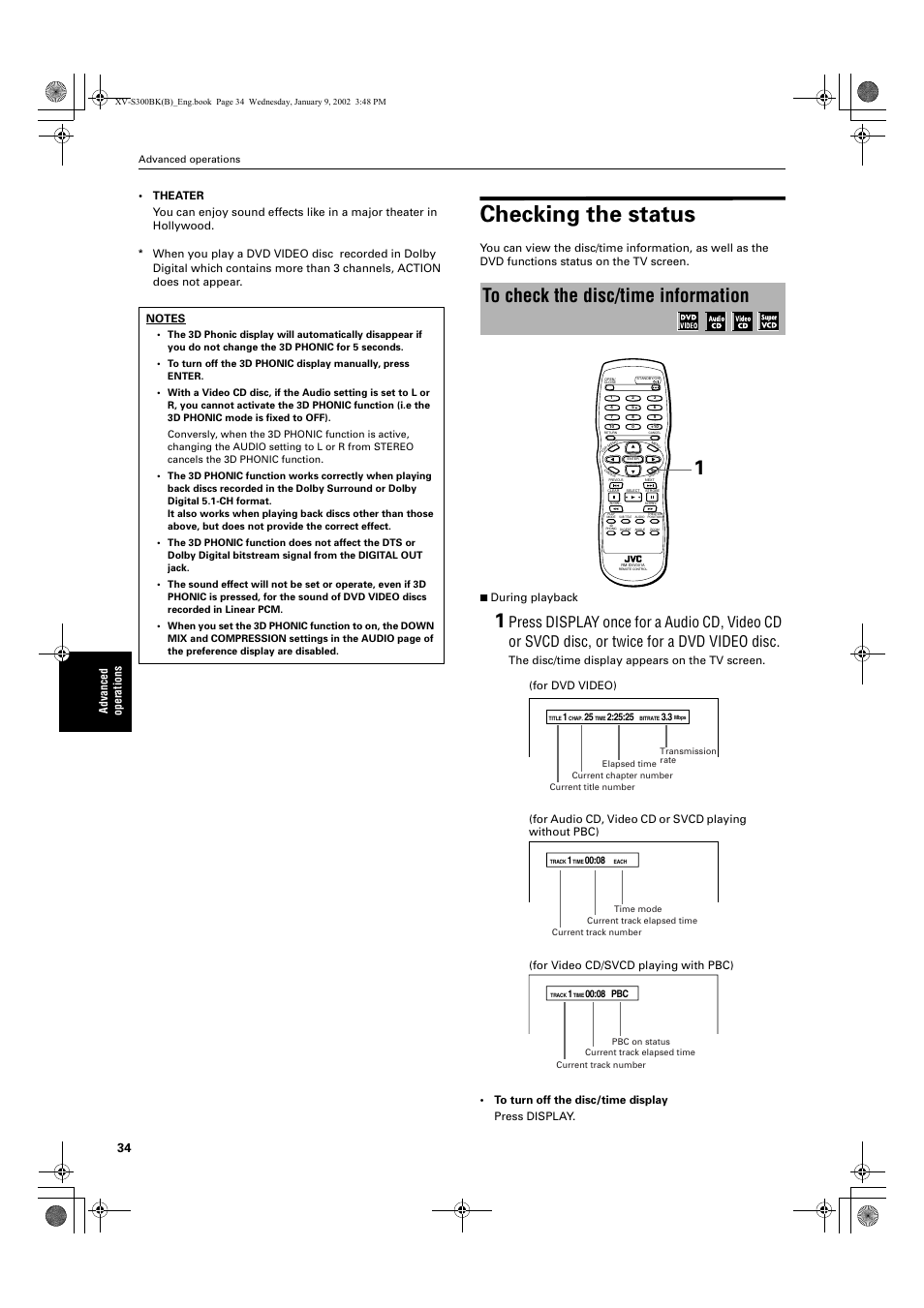 Checking the status, For dvd video), For video cd/svcd playing with pbc) | JVC XV-S300BK User Manual | Page 36 / 54