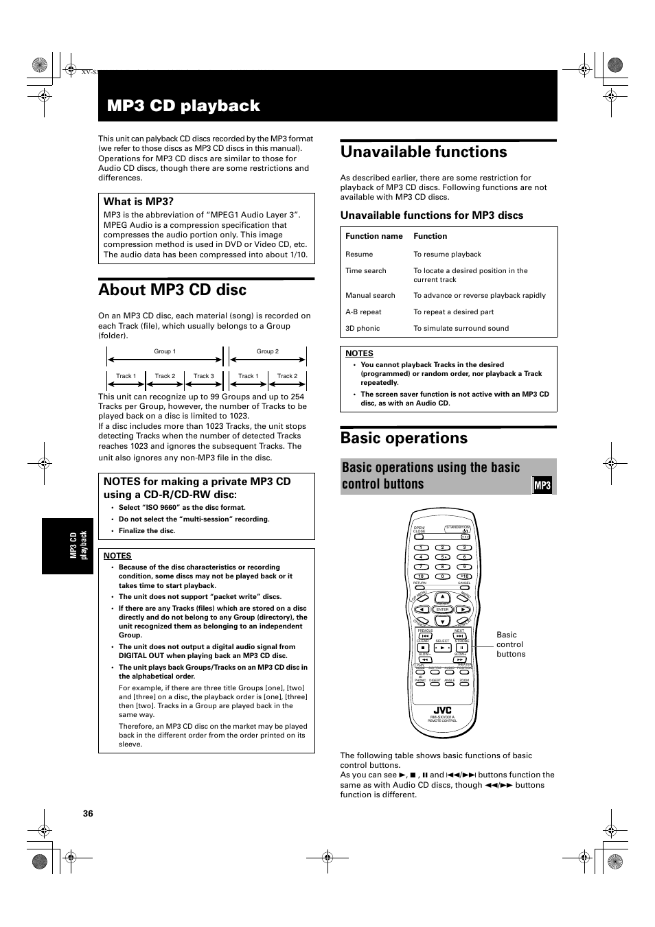 Mp3 cd playback, About mp3 cd disc, Unavailable functions | Basic operations, Basic operations using the basic control buttons, Unavailable functions for mp3 discs, What is mp3 | JVC XV-S300BK User Manual | Page 38 / 54