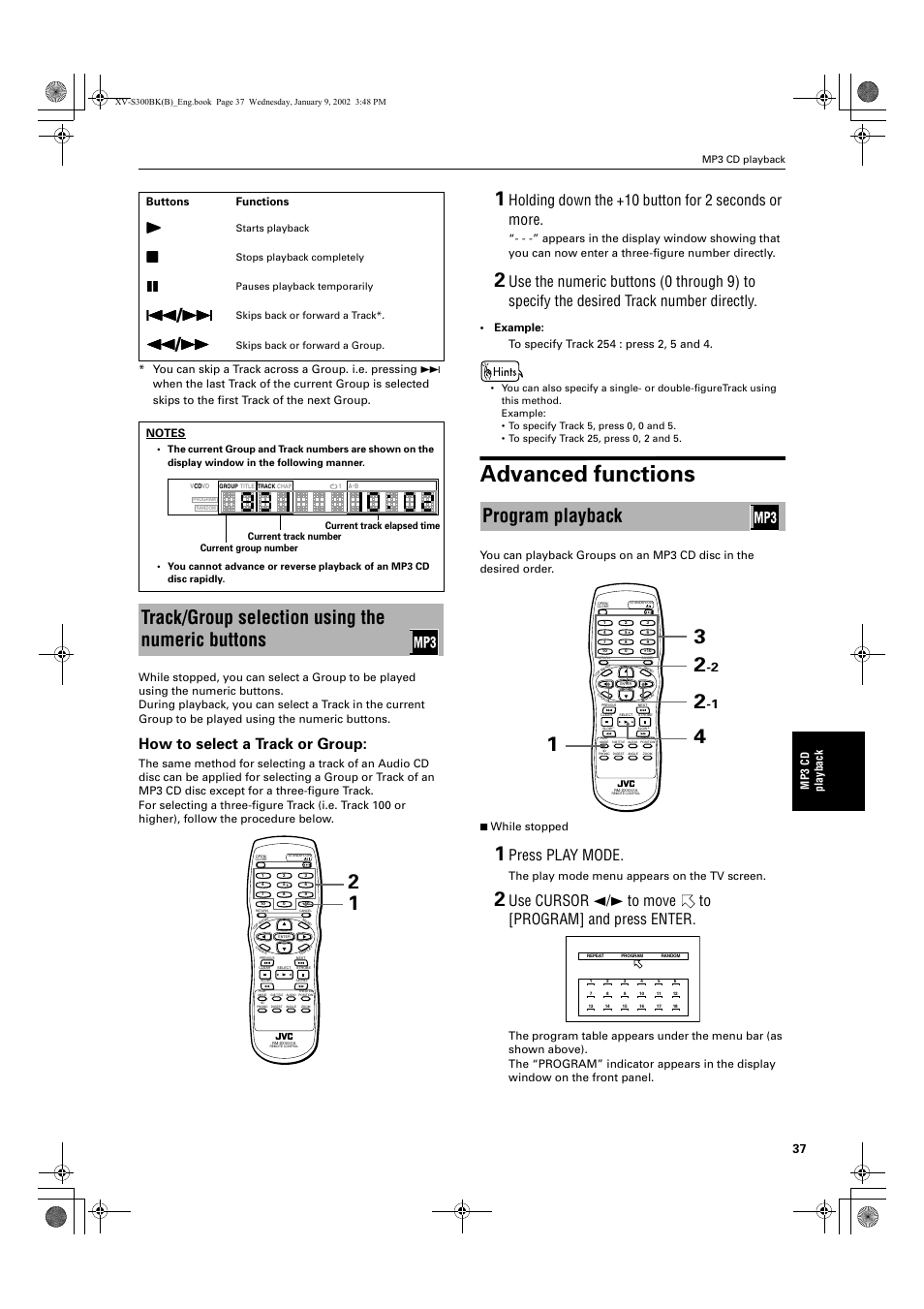 Advanced functions, Track/group selection using the numeric buttons, Program playback | How to select a track or group, Holding down the +10 button for 2 seconds or more, Press play mode | JVC XV-S300BK User Manual | Page 39 / 54