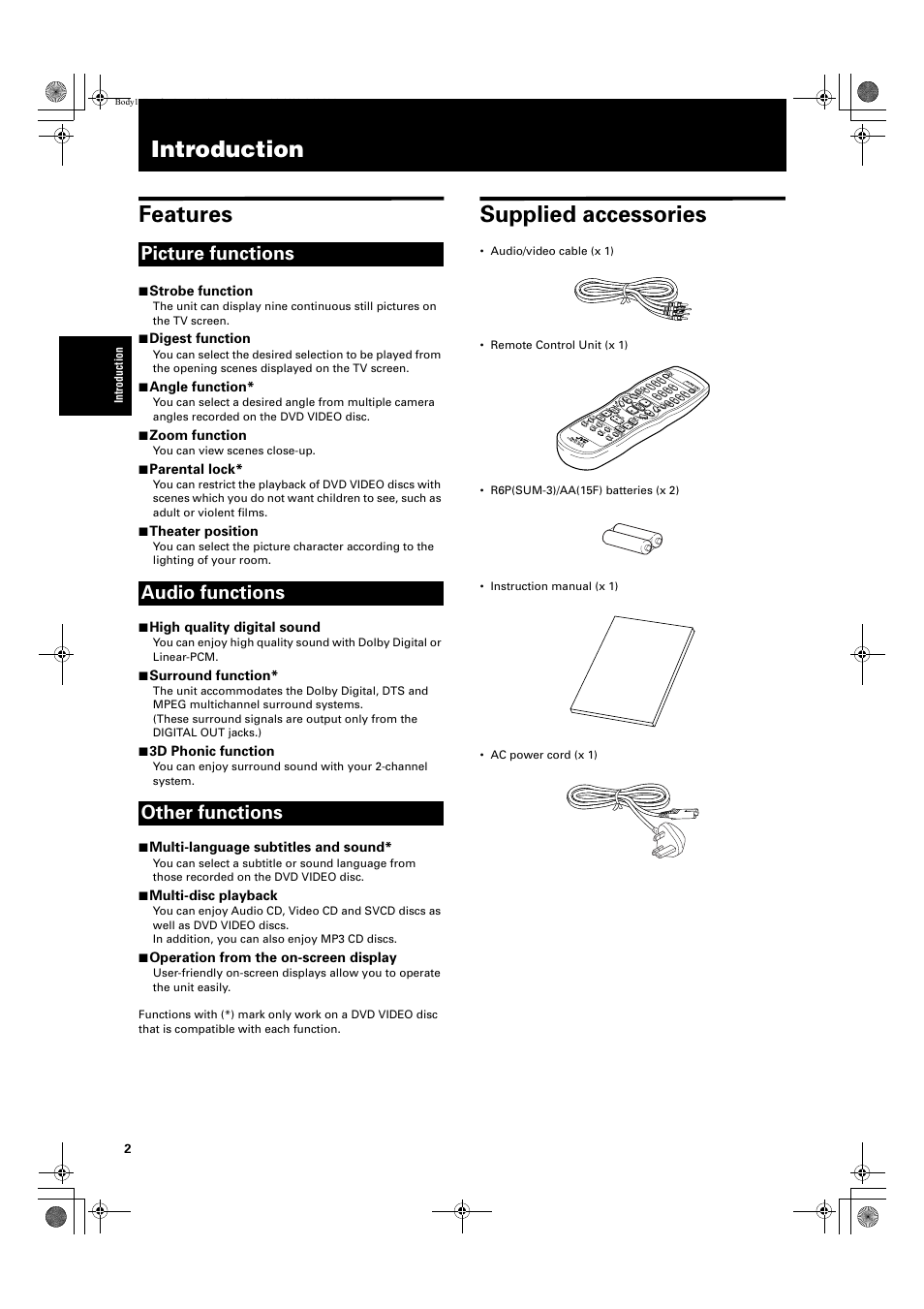 Introduction features, Supplied accessories, Picture functions audio functions other functions | 7 strobe function, 7 digest function, 7 angle function, 7 zoom function, 7 parental lock, 7 theater position, 7 high quality digital sound | JVC XV-S300BK User Manual | Page 4 / 54