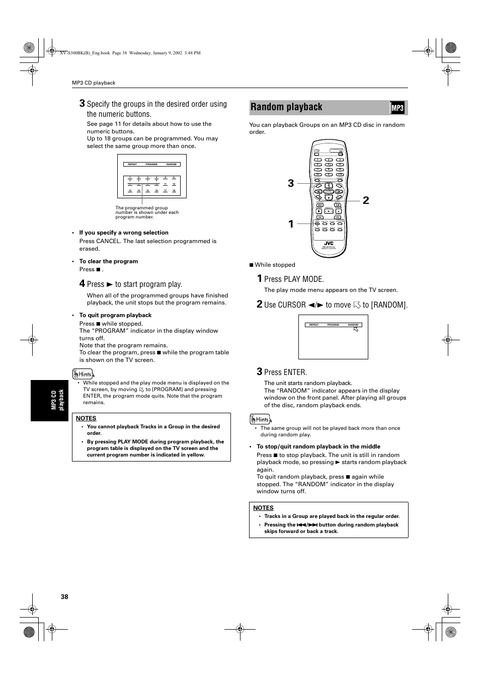 Random playback, Press 3 to start program play, Press play mode | Use cursor 2/3 to move to [random, Press enter | JVC XV-S300BK User Manual | Page 40 / 54