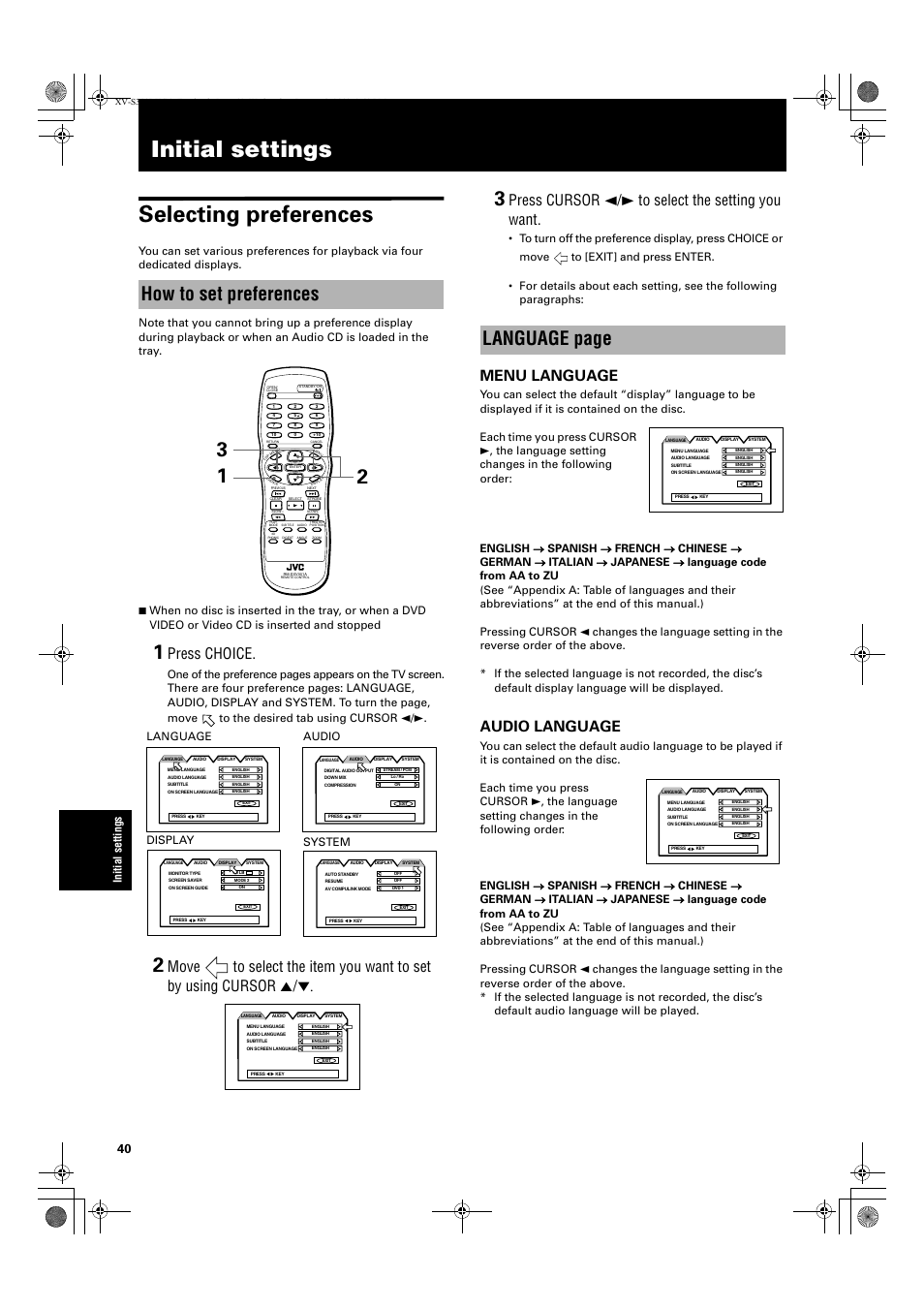 Initial settings selecting preferences, How to set preferences, Language page | Press choice, Press cursor 2/3 to select the setting you want, Menu language, Audio language, Ini ti a l set tings, Language audio display system | JVC XV-S300BK User Manual | Page 42 / 54