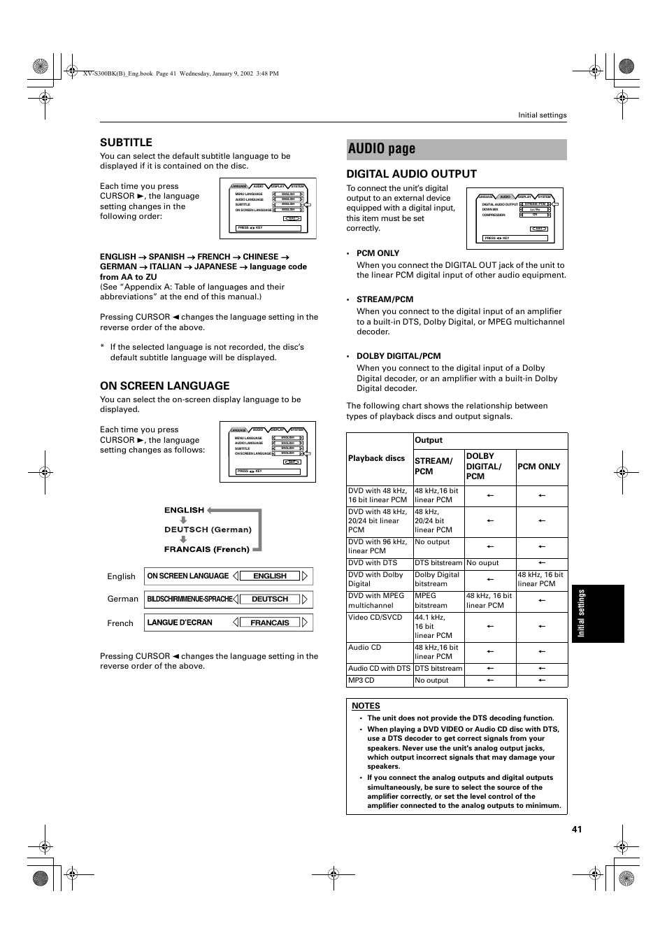 Audio page, Subtitle, On screen language | Digital audio output | JVC XV-S300BK User Manual | Page 43 / 54